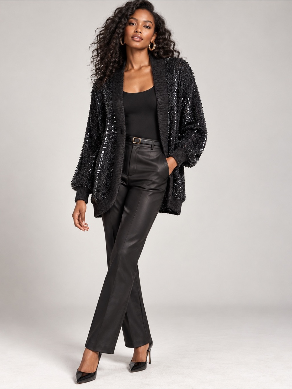 Sequin Open-Front Cardigan Jacket - Black